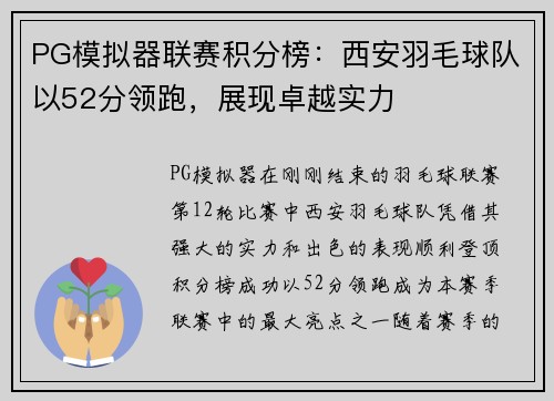 PG模拟器联赛积分榜：西安羽毛球队以52分领跑，展现卓越实力