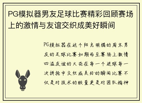 PG模拟器男友足球比赛精彩回顾赛场上的激情与友谊交织成美好瞬间